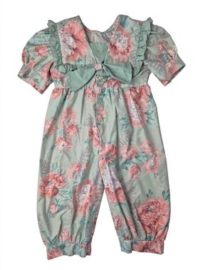 Vintage 80s Handmade Floral Jumpsuit Sage Pink Cabbage Rose 4T